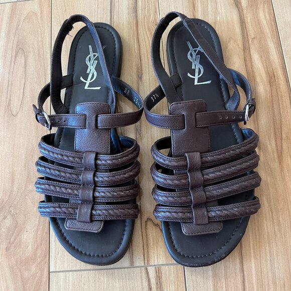 Yves Saint Laurent YSL Gladiator Flat Sandals Dark Brown Leather size 37.5 - Picture 7 of 13